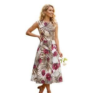 La Pateau Floral Palm Print Midi Dress Size 40 Or S/M Cream Tropical Regencycore